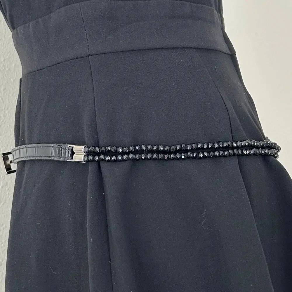 Vintage Black Beaded & Croc Embossed leather Skinny Belt fairy western glam 34